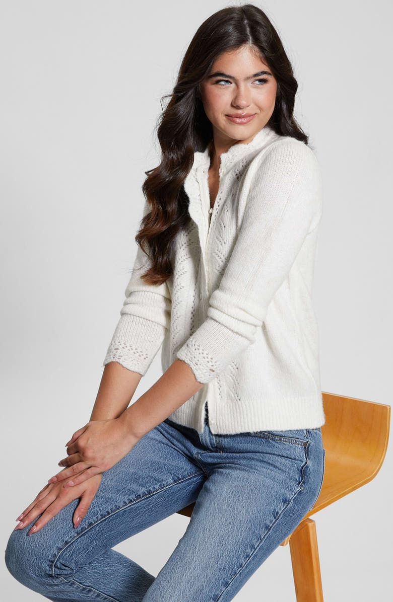 GUESS Macie Pointelle Detail Cardigan, Alternate, color, Dove White