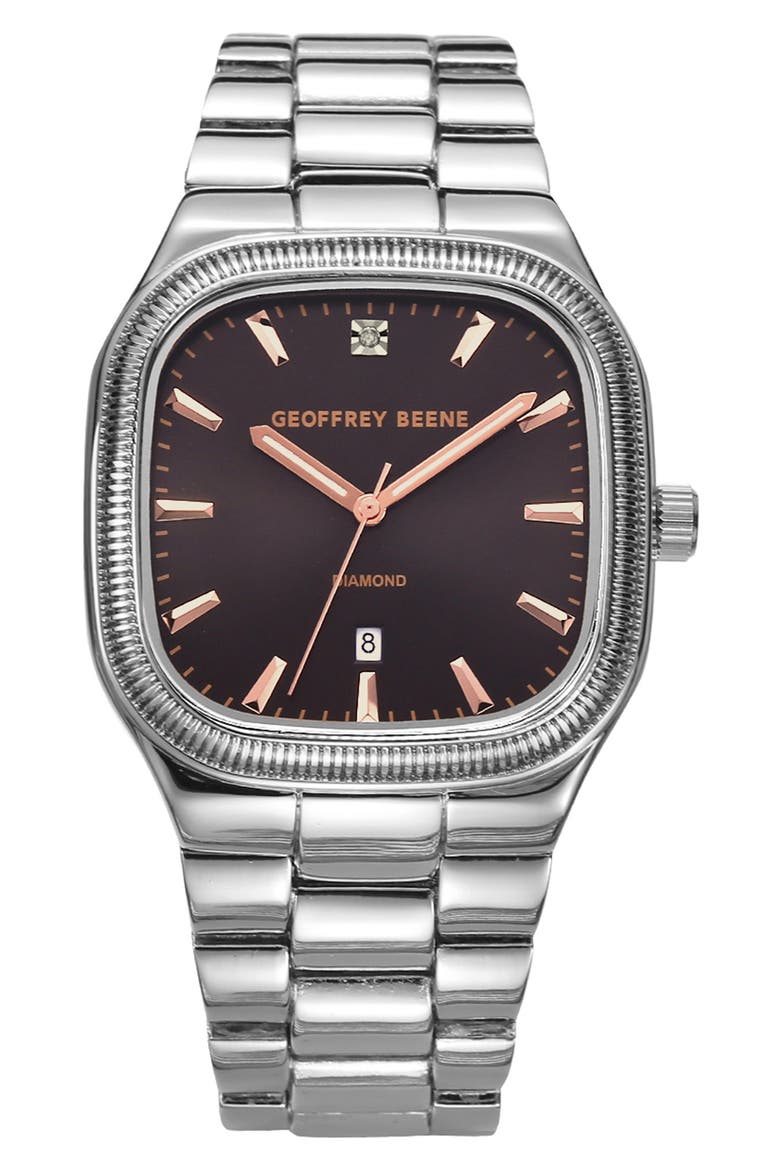Textured Bezel Diamond Bracelet Watch, 41mm, Main, color, SILVER/ BROWN