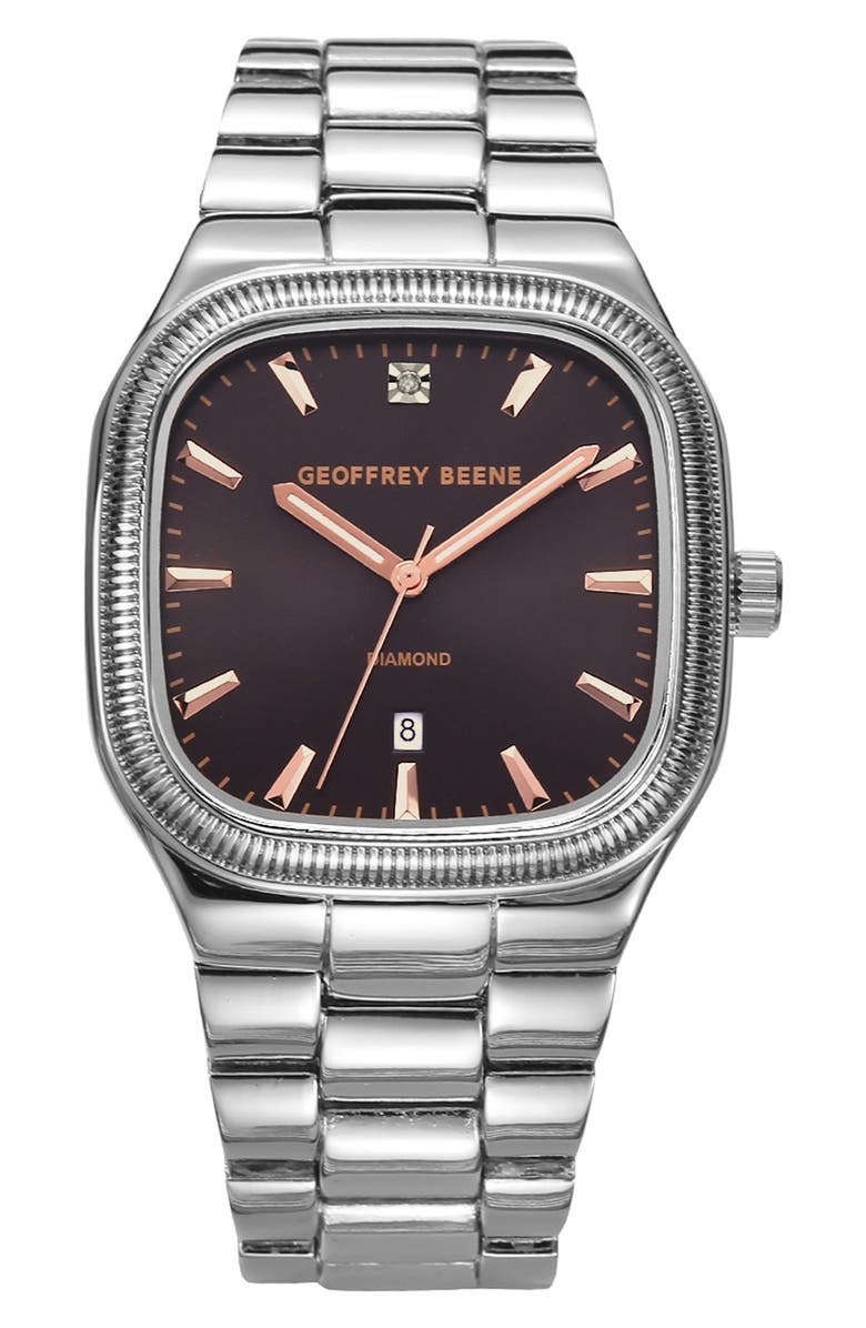 GEOFFREY BEENE Textured Bezel Diamond Bracelet Watch, 41mm, Main, color, Silver/ Brown