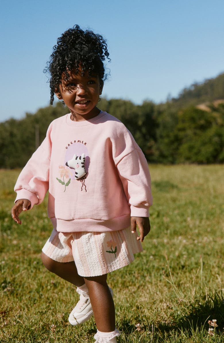 NEXT Kids' Zebra Sweatshirt & Stripe Shorts Set, Alternate, color, Pink