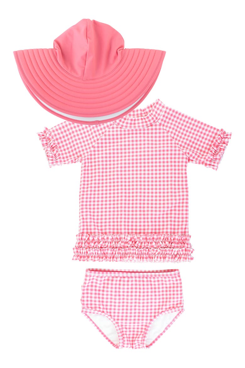 Gingham Two-Piece Rashguard Swimsuit & Reversible Sun Hat Set, Main, color, PINK