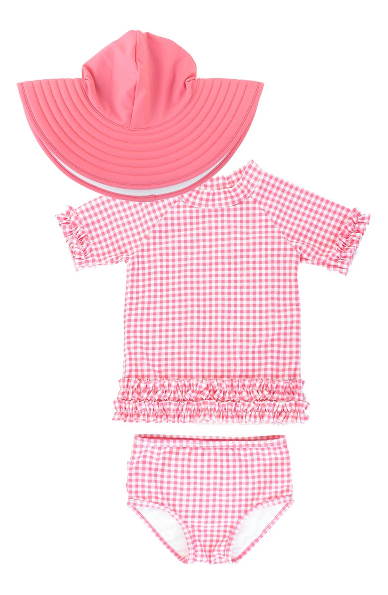 RuffleButts Gingham Two-Piece Rashguard Swimsuit & Reversible Sun Hat Set, Main, color,