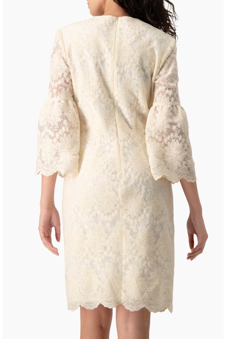 Floral Lace 3/4 Bell-Sleeve Crew-Neck Shift Mini Dress, Alternate, color, Bone