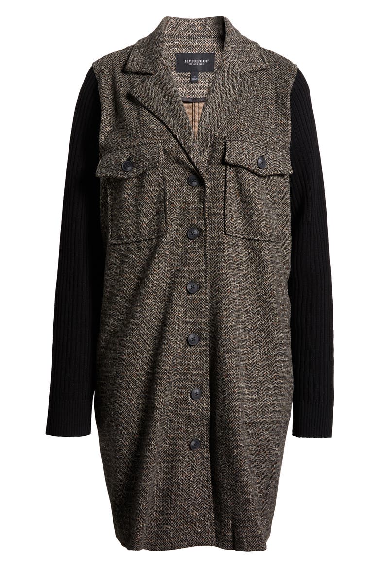Mixed Media Sweater Coat, Alternate, color, BLACK TAN HERRINGBONE