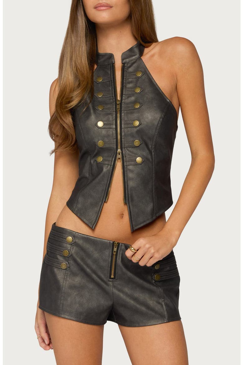 Harle Napoleon Faux Leather Halter Top, Main, color, BLACK