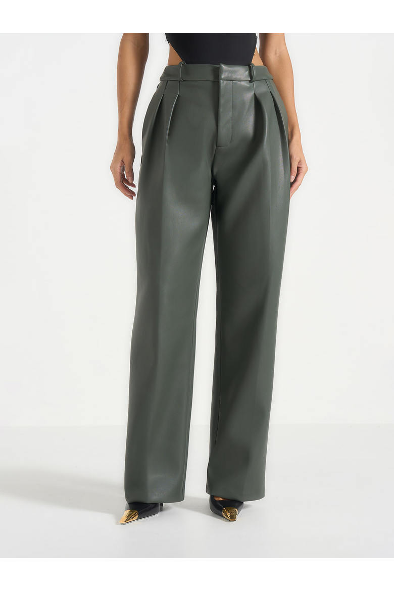 Julie Leather Twin Pleat Trousers, Alternate, color, Olive