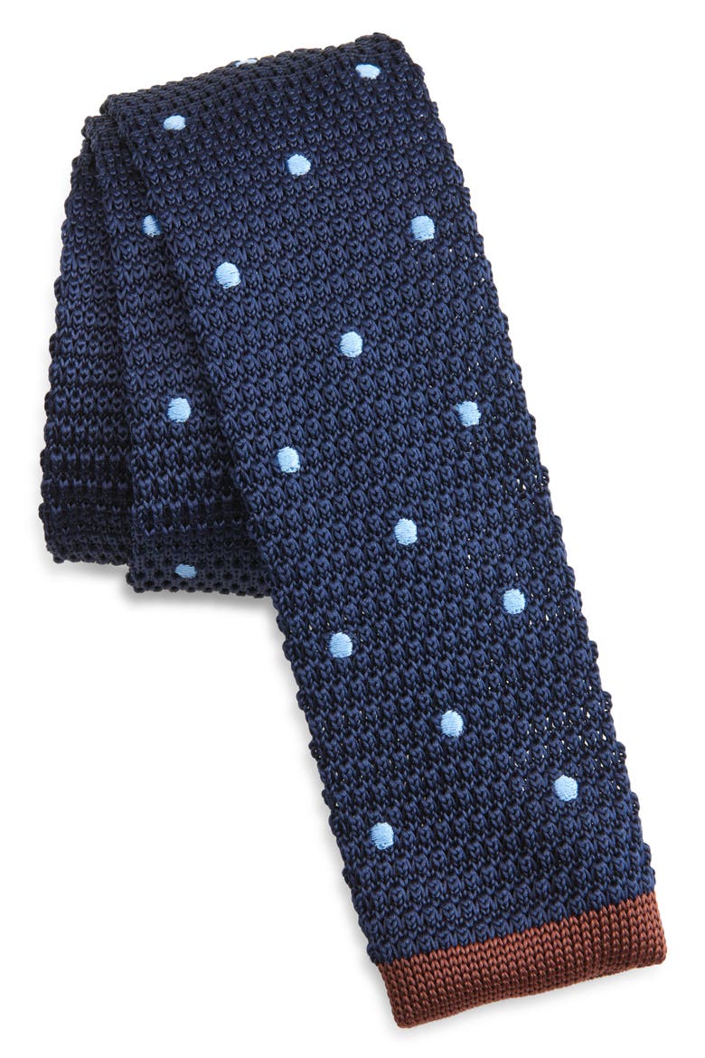 Navy & Brown Polka Dot Knit Silk Tie, Main, color, NAVY
