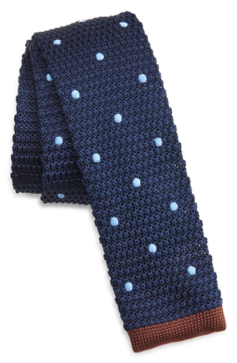 CLIFTON WILSON Navy & Brown Polka Dot Knit Silk Tie, Main, color, 