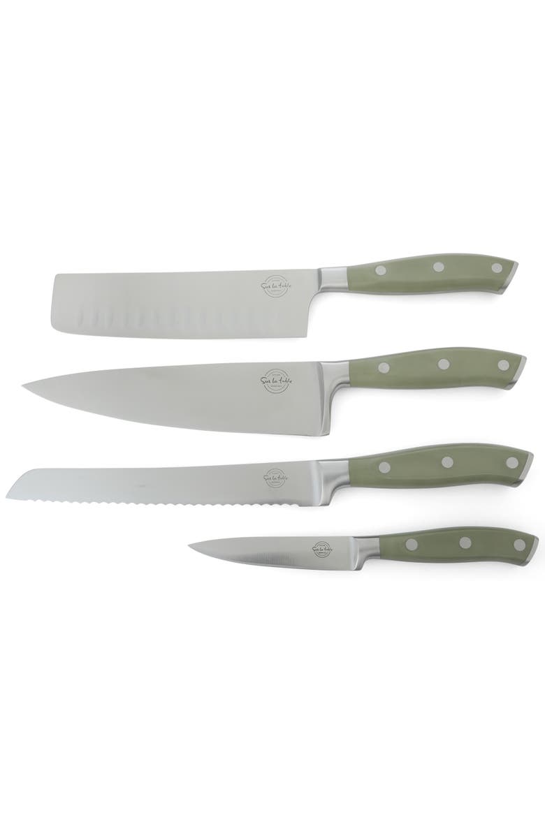 5-Piece High-Carbon German Steel Knife Set with Magnetic Beechwood Block, Alternate, color, Juniper Green