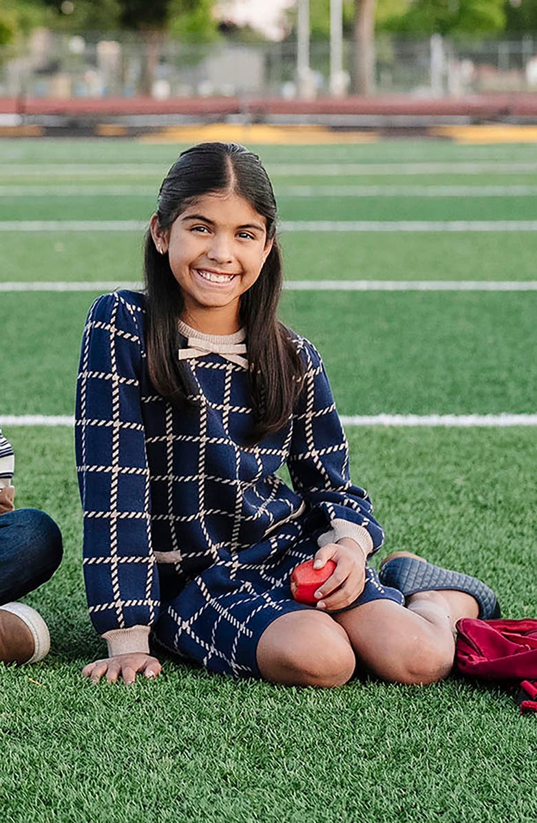Hope & Henry Kids' Organic Puff Sleeve Bow Detail Intarsia Sweater Dress, Alternate, color, Navy And Taupe Windowpane