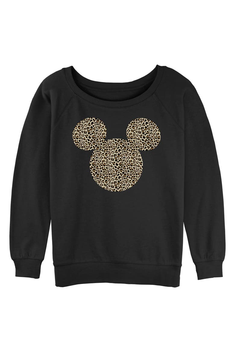 Junior's Mickey & Friends Cheetah Print Mouse Logo  Sweatshirt, Main, color, Black
