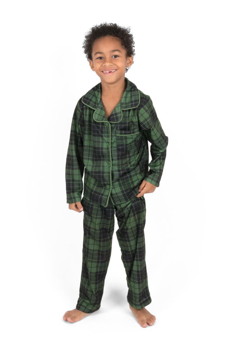 Leveret Kids Button-Front Flannel Printed Holiday Pajama Set, Main, color, Plaid Black & Green