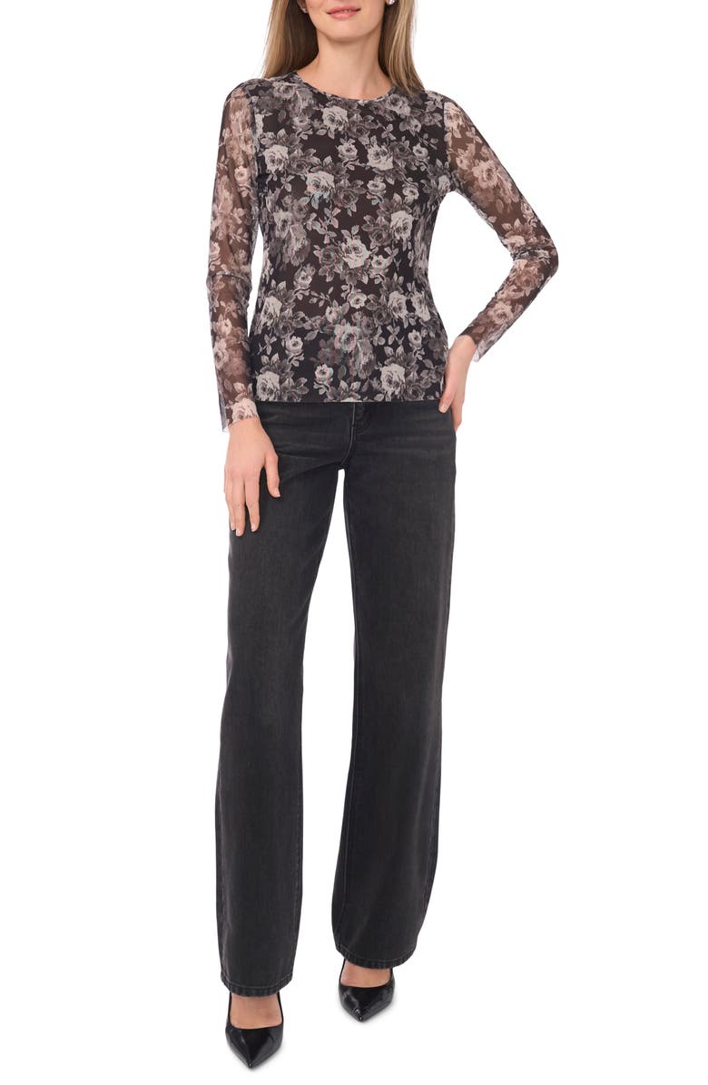 Ted Baker Floral Long Sleeve Mesh Top, Alternate, color, Rich Black