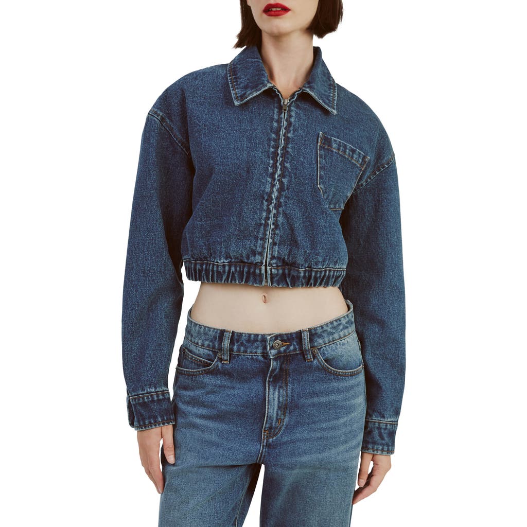 Bardot Cropped Bomber Denim Jacket In Washed Indigo