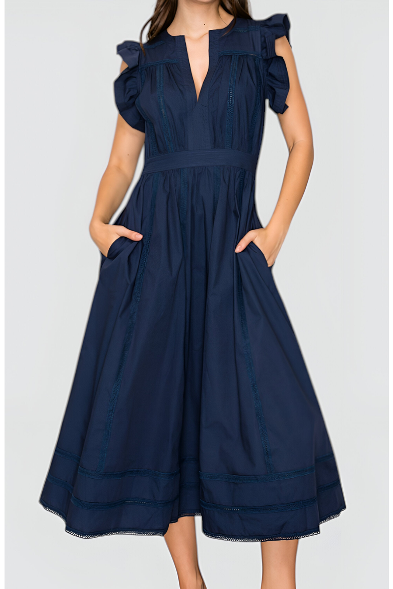 Flutter Sleeve Midi Dress with Deep V-Neckline and Tiered Skirt, Alternate, color, Navy Blue