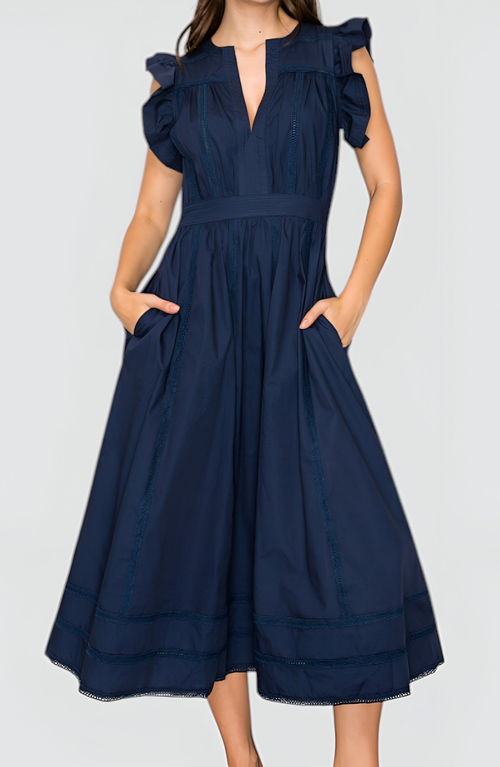 Modenaire Flutter Sleeve Midi Dress With Deep V-neckline And Tiered Skirt In Blue