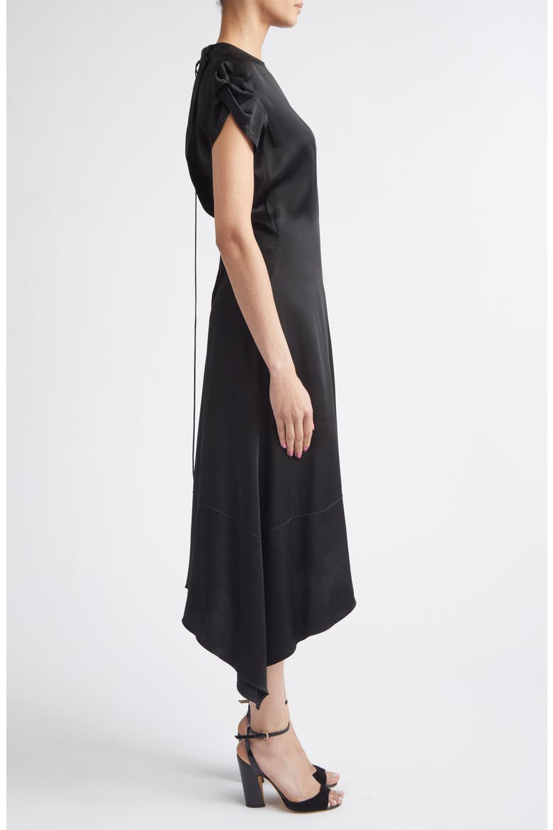 Twist Shoulder Asymmetric Satin Midi Dress, Alternate, color, BLACK
