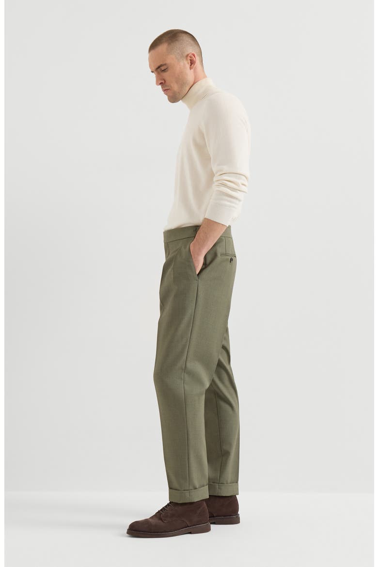 Virgin wool diagonal trousers with reversed double pleats and waist tabs, Alternate, color, Military
