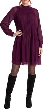 London Times Tie Back Bishop Sleeve Plissè Swing Dress