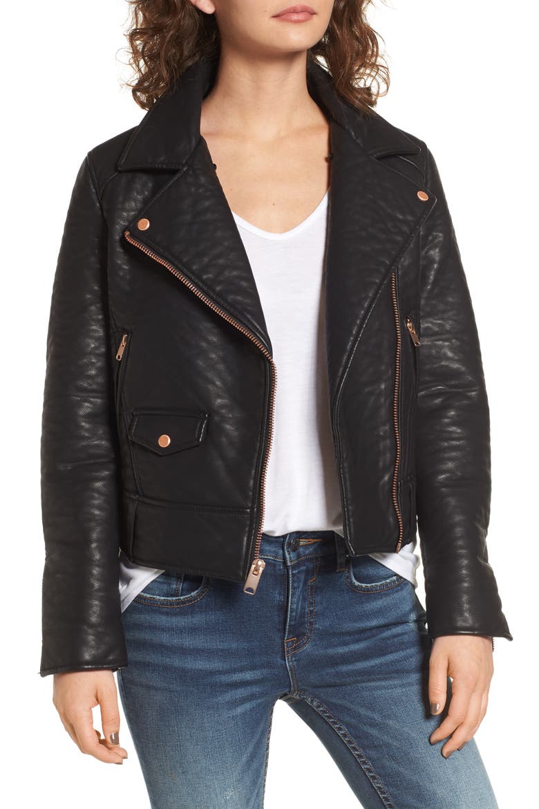 Andrew Marc Beverly Faux Leather Jacket with Faux Fur Trim, Alternate, color, BLACK
