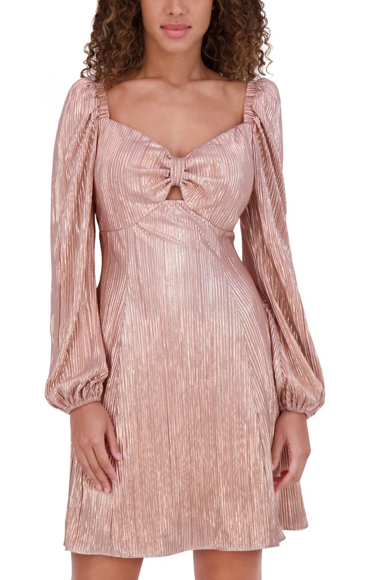 Long Sleeve Foiled Plissé Minidress, Alternate, color, ROSE GOLD
