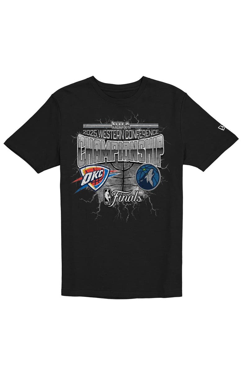 New Era Men's New Era Black Oklahoma City Thunder vs. Minnesota Timberwolves 2025 Western Conference Finals Matchup Distressed Graphic T-Shirt, Alternate, color, 