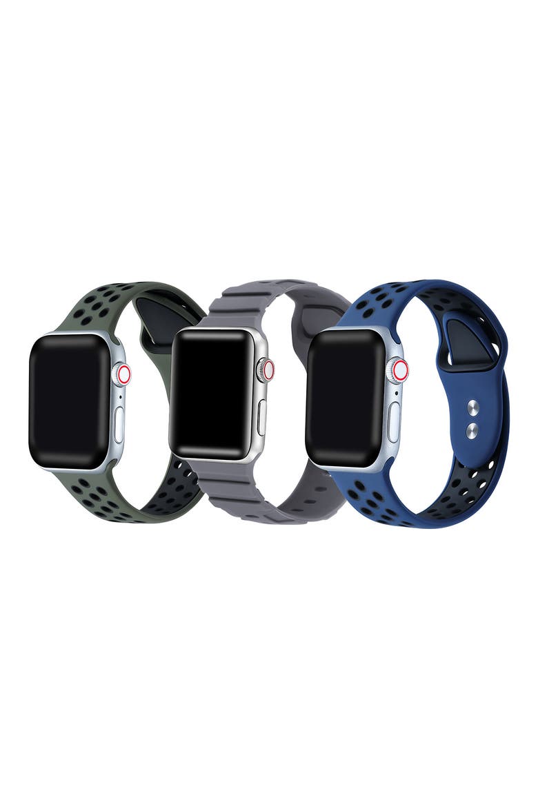 Assorted 3-Pack Silicone Apple Watch® Watchbands, Main, color, GREEN/ GREY/ BLUE ASSORTED