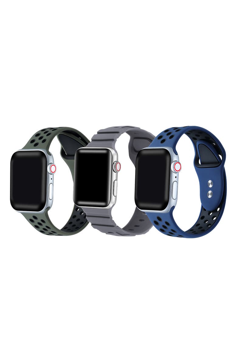 Posh Tech Assorted 3-Pack Silicone Apple Watch<sup>®</sup> Watchbands, Main, color, Green/ Grey/ Blue Assorted