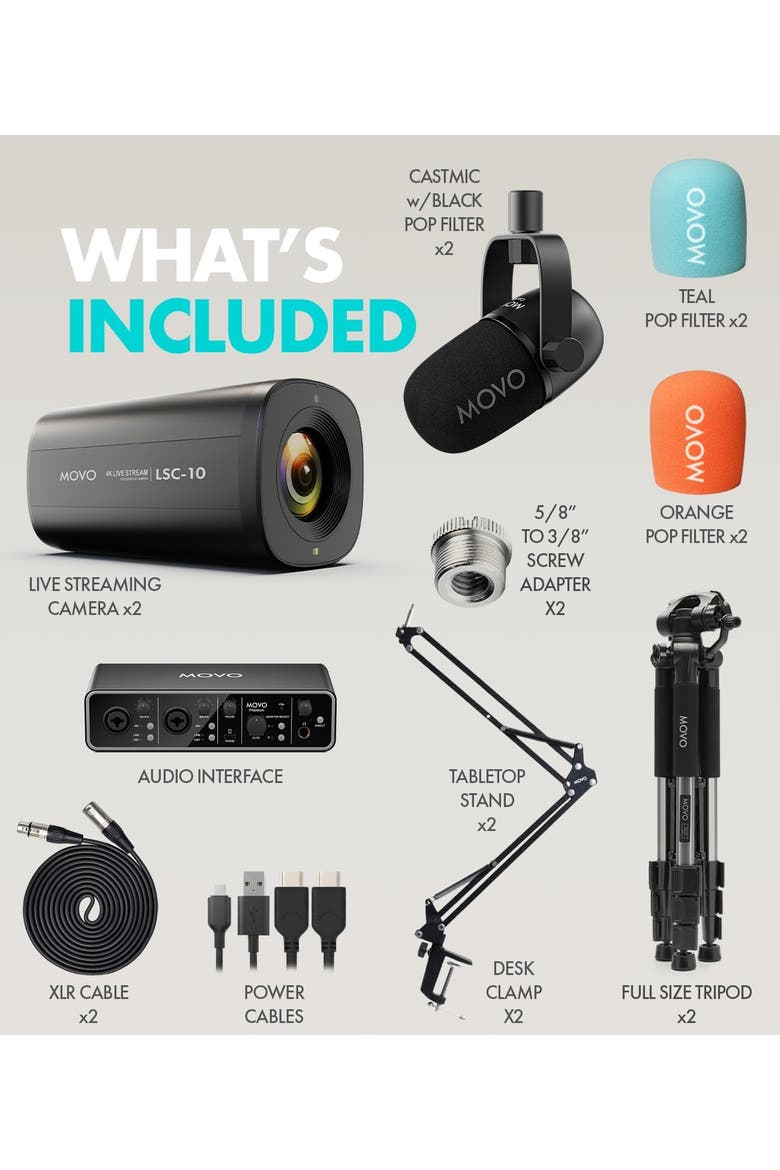 Two Person Video Podcast Equipment Bundle with Two 4K Cameras, USB Audio Interface, 2 XLR Dynamic Microphones, 2 Tripods, and 2 Boom Arms, Alternate, color, Black