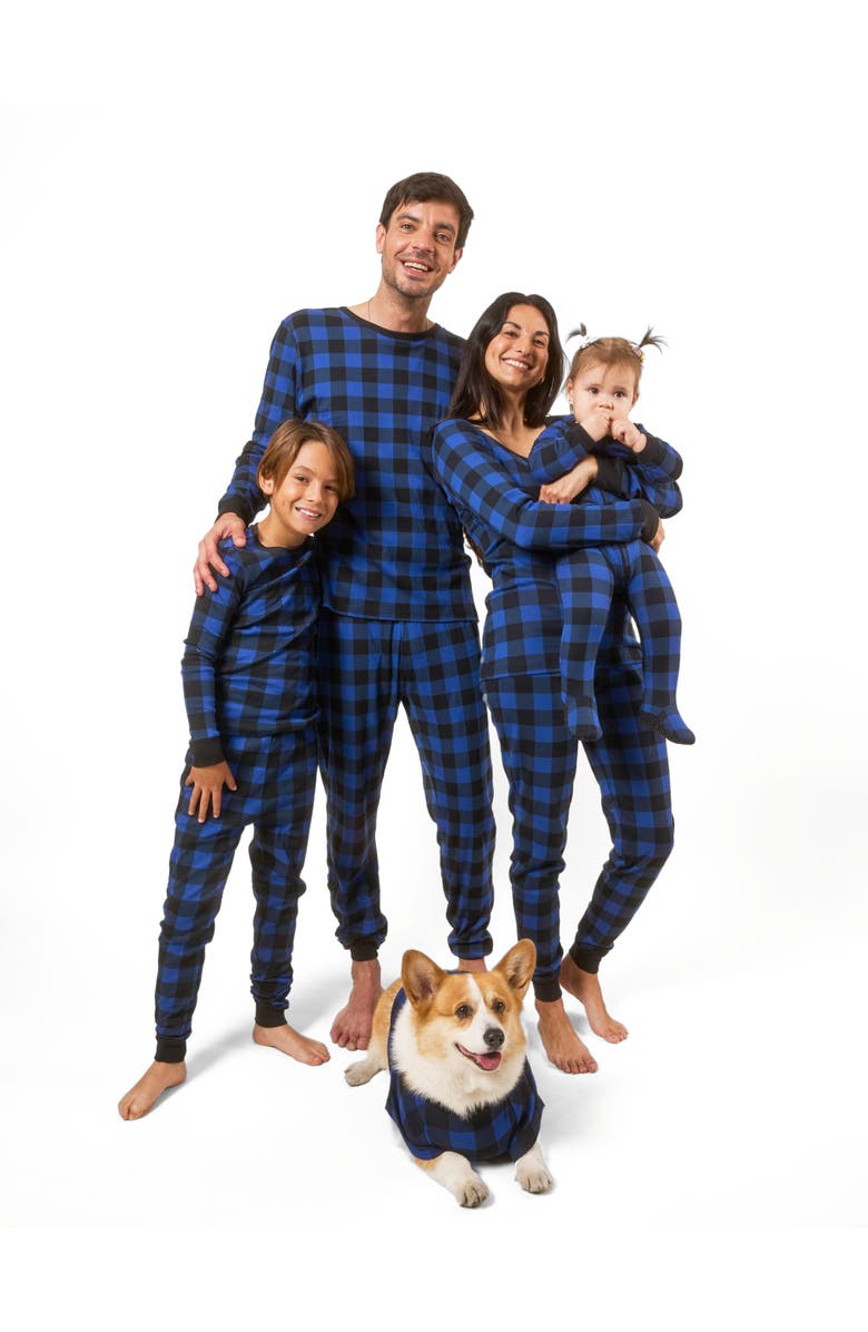 Leveret Kids Footed Plaid Cotton Matching Family Holiday Pajamas, Alternate, color, Plaid Black & Navy