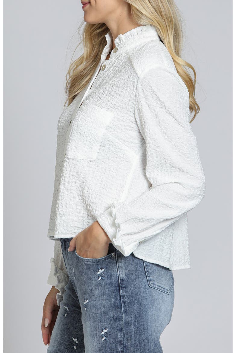 Ruffle Long Sleeve Crop Button-Up Shirt, Alternate, color, WHITE