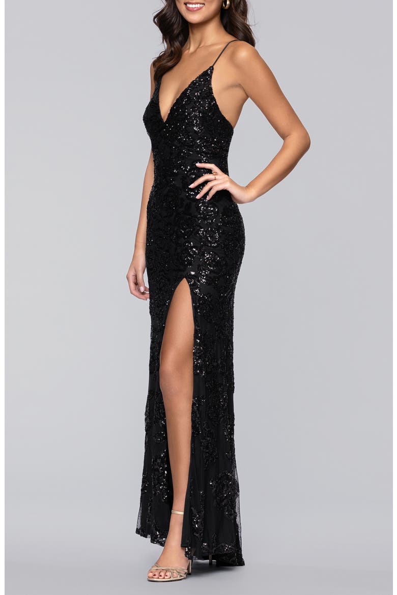 Rose Sequin Lace-Up Mermaid Gown, Alternate, color, BLACK