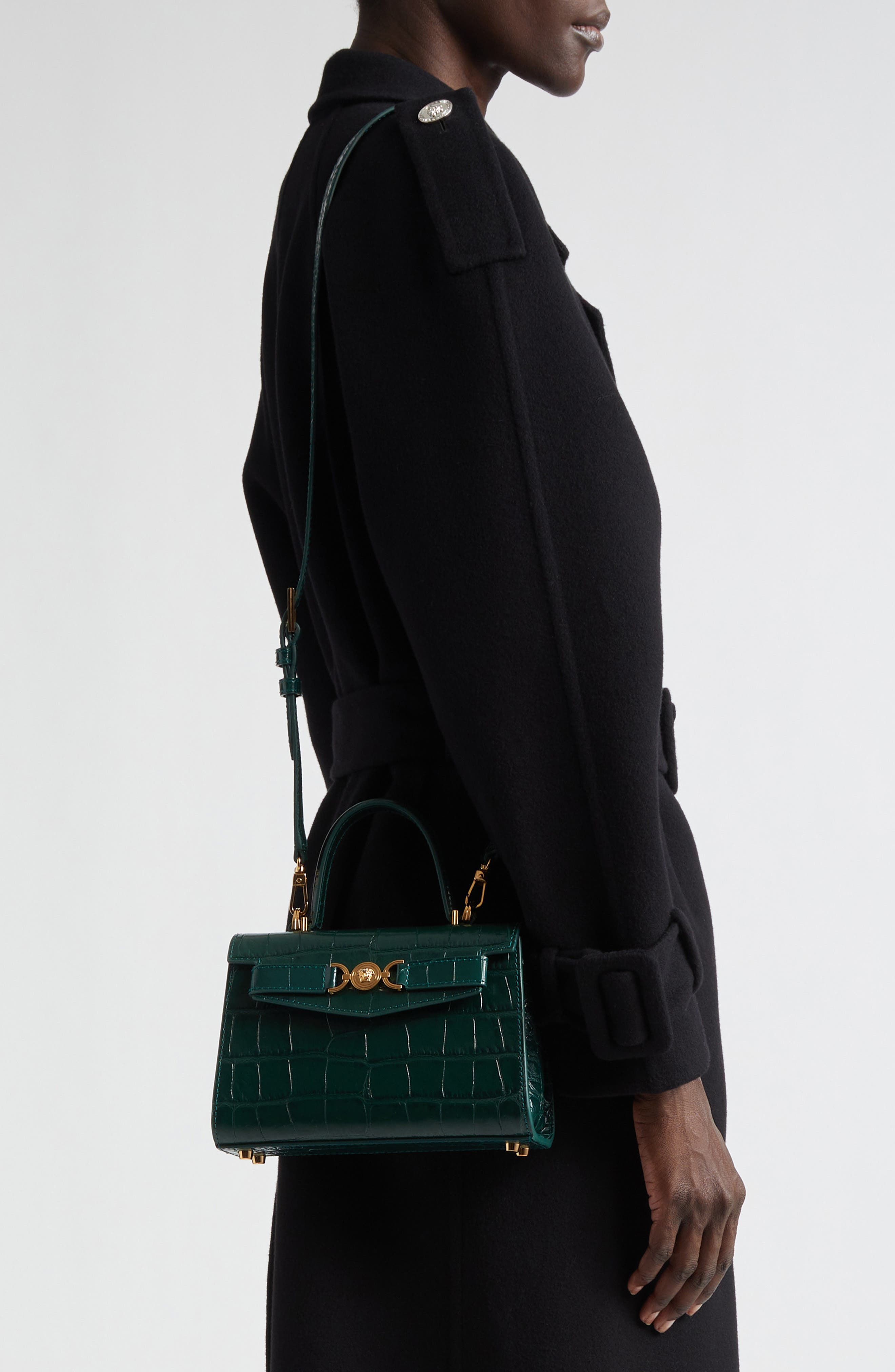 Versace Small Medusa 
95 Croc Embossed Leather Top Handle Bag, Alternate, color, Dark Emerald Gold
