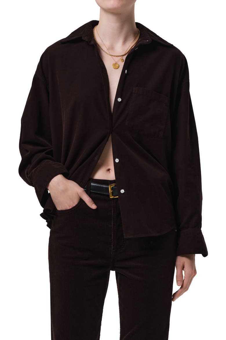 Kayla Oversize Corduroy Button-Up Shirt, Main, color, BARRISTER DARK BROWN