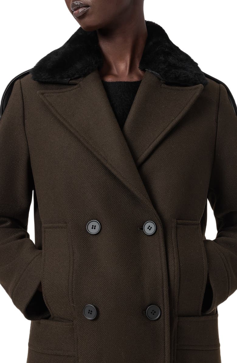 AllSaints Millie Shearling Collar Wool Blend Long Coat, Alternate, color, 