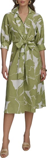 【Donna Karan New York】Tie-Front Linen Midi Dress Donna Karan New York Print Tie Waist Linen Blend Midi