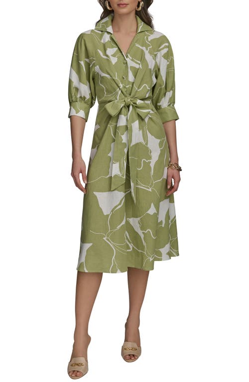 Donna Karan New York Print Tie Waist Linen Blend Midi Shirtdress In Green
