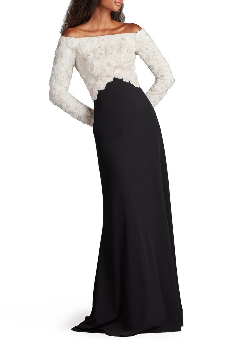 Rhinestone Floral Off the Shoulder Mixed Media Gown, Alternate, color, IVORY/ BLACK
