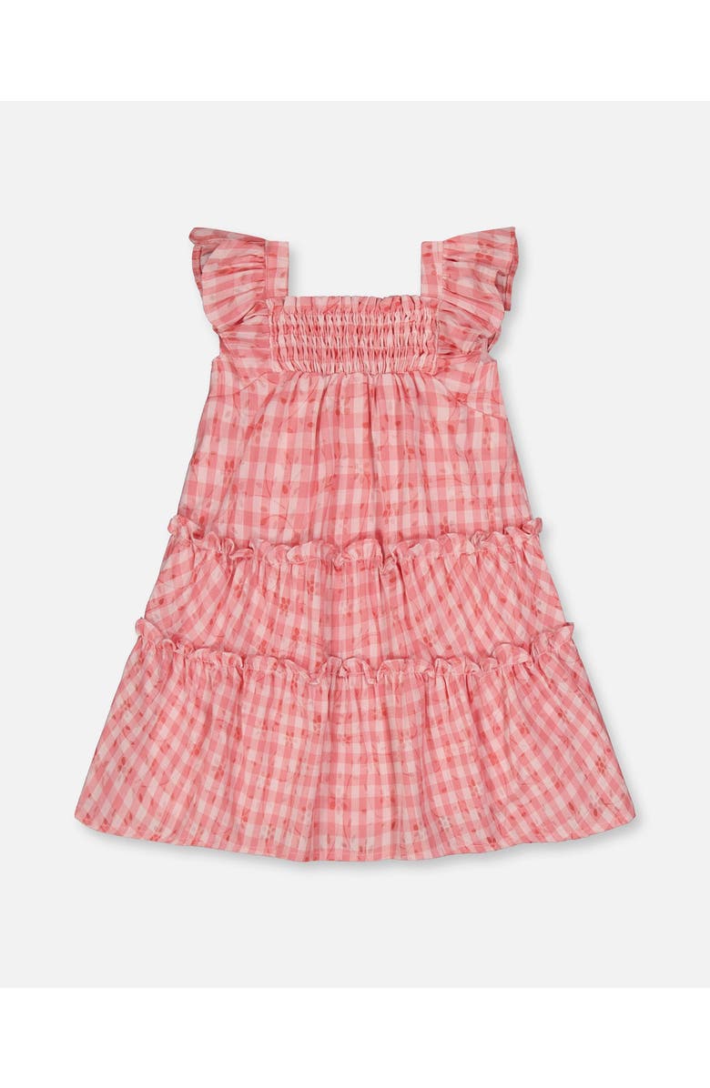 Deux par Deux Little Girl's Smocked Layered Dress With Frill Sleeve Checked Pink, Alternate, color, Checked Pink