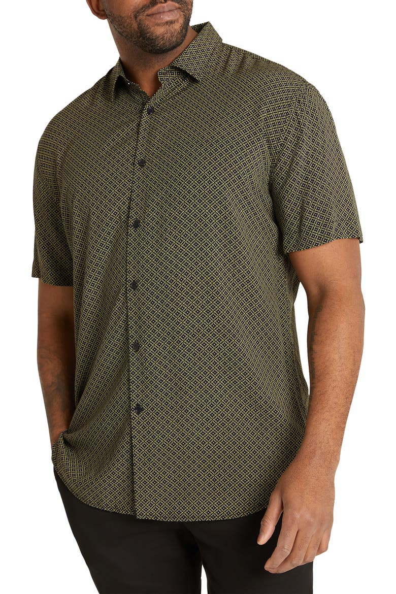 Flynn Geo Print Short Sleeve Button-Up Shirt, Main, color, GREEN