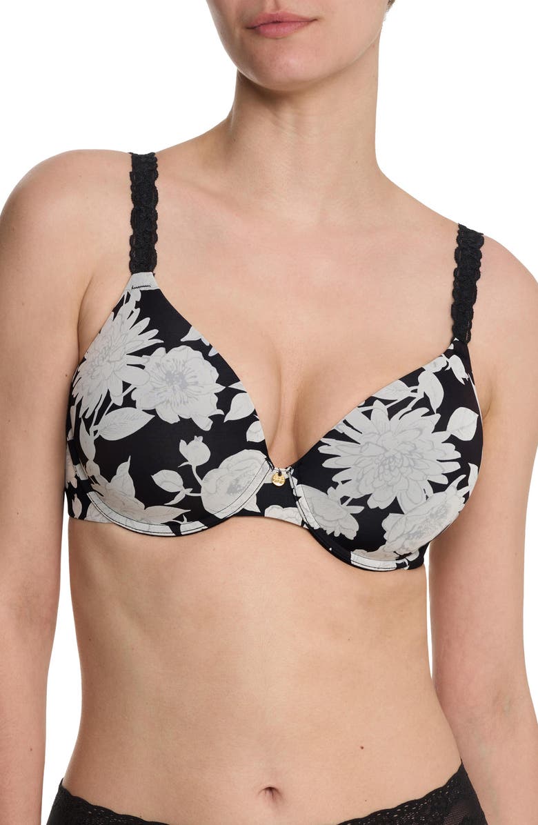Natori Pure Luxe Plunge Underwire T-Shirt Bra, Main, color, Black Garden Rose Print