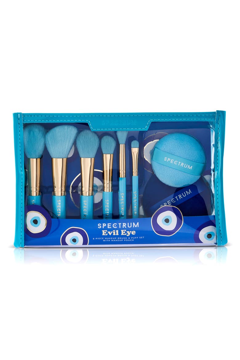Evil Eye 8-Piece Travel Makeup Brush & Velvet Puff Set $50 Value, Alternate, color, BLUE/ TURQUOISE