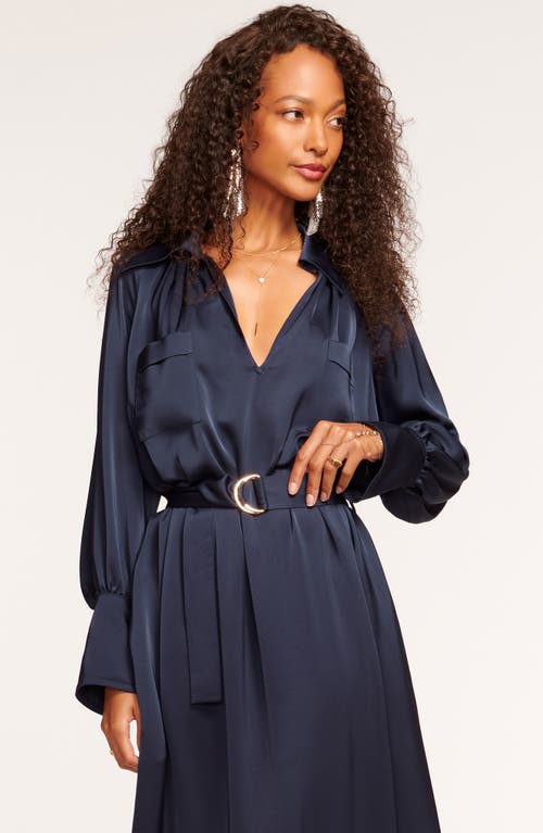 Ramy Brook Cecilia Belted Long Sleeve Satin Dress In Blue