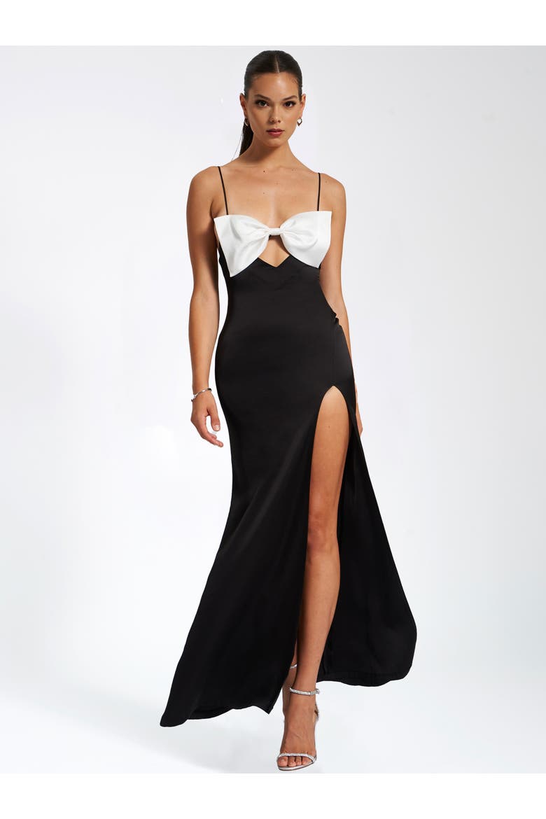 Eleanor Bow Satin Gown, Alternate, color, Black and White