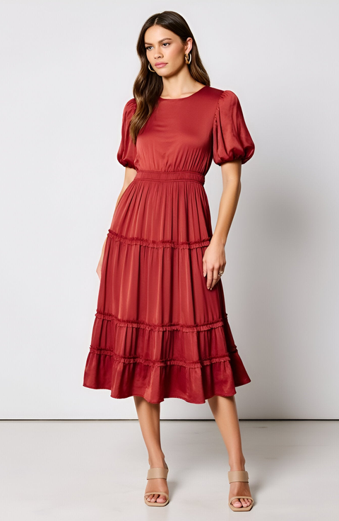 Tiered Puff-Sleeve Shirred Elastic-Waistband Midi Dress
