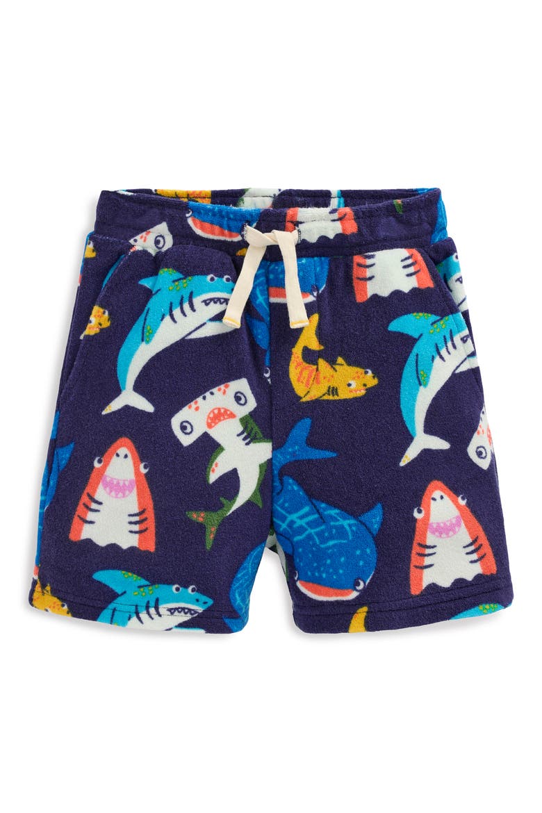 Kids' Shark Terry Cloth Drawstring Shorts, Main, color, NAVY SHARKS