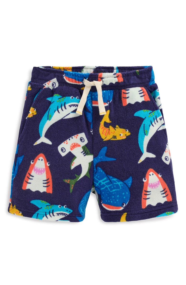 Mini Boden Kids' Shark Terry Cloth Drawstring Shorts, Main, color, Navy Sharks