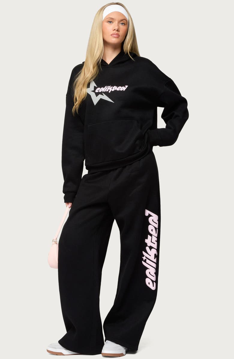 EDIKTED Star Logo Wide Leg Sweatpants, Alternate, color, Black