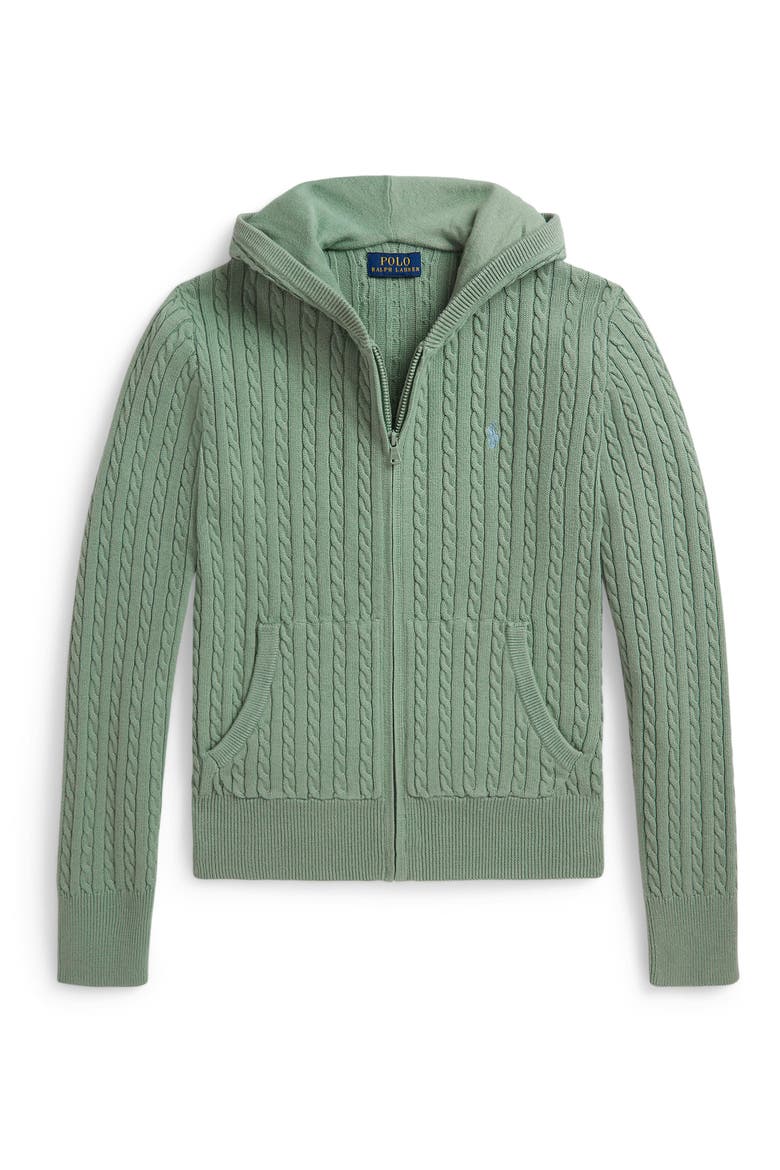 Kids' Cable Knit Cotton Zip Hoodie, Main, color, FADED MINT