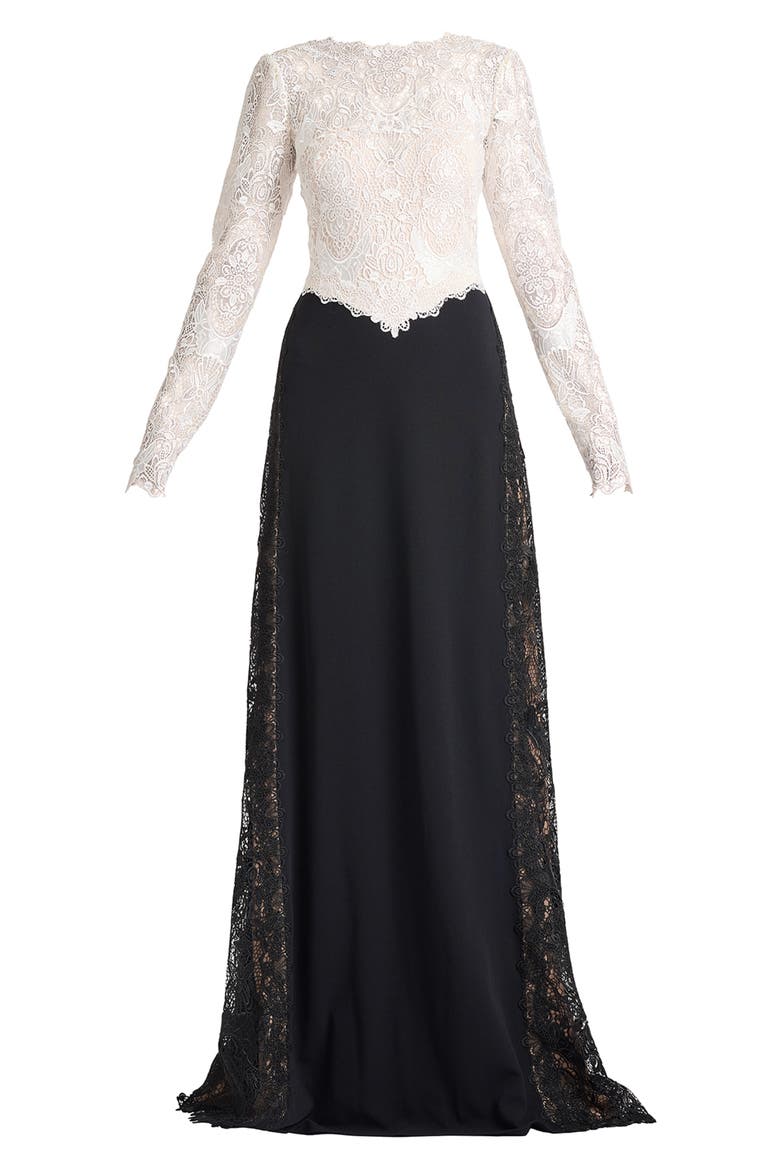 Lace & Crepe Gown, Alternate, color, IVORY/ BLACK